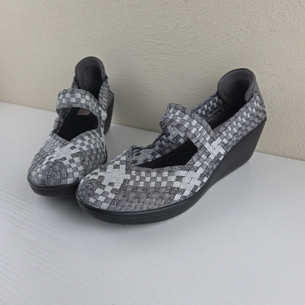 Bare Traps Ursula Basket Weavy Elastic Mary Jane Wedges Silver Women's Size 9 M